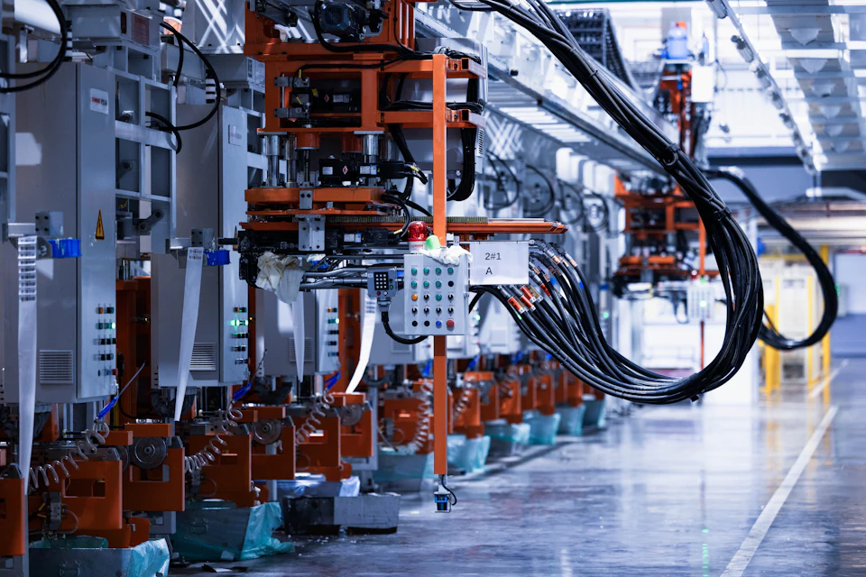 Production line with electrical controls in a factory