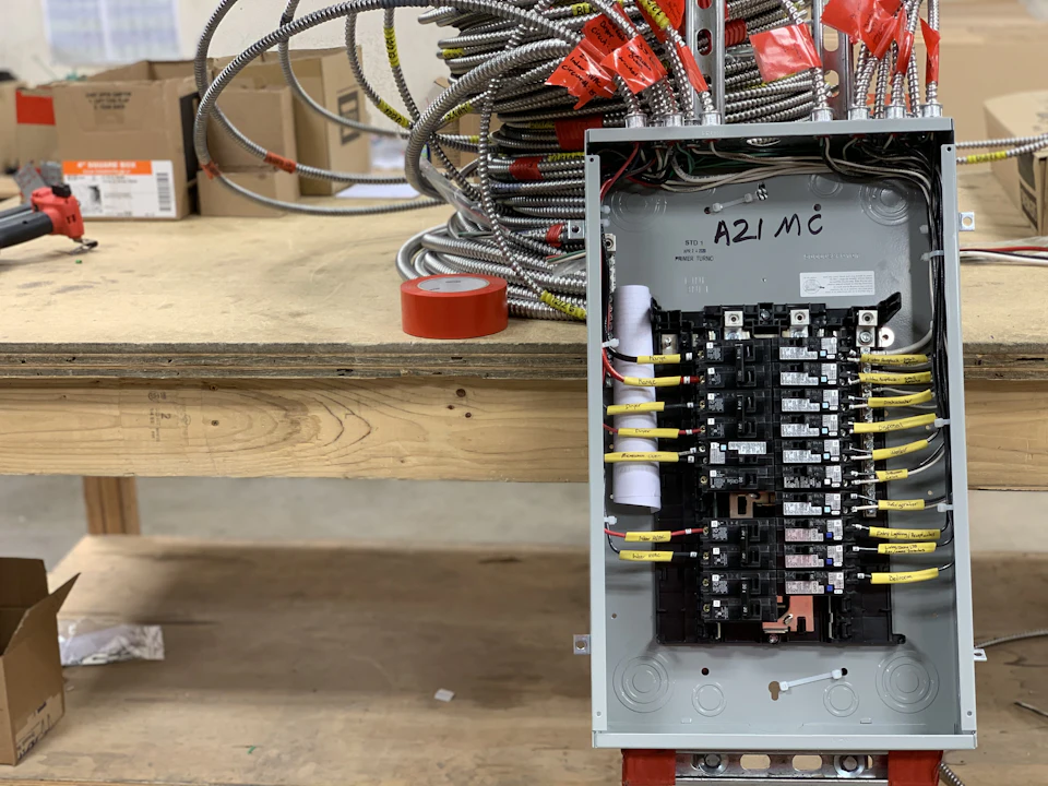 Open residential electrical panel with new breakers and wiring